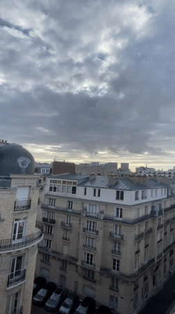 Cloudy morning over classic Parisian rooftops, seen from an apartment window