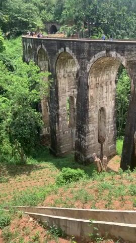 A vertical video shows a wide shot of a large, arched, stone railway bridge over a lush green valley. The bridge is made of large, rough-hewn stones and has nine arches. The top of the bridge has a railway track. Several people are walking on the bridge. The valley is filled with dense green trees and foliage. There are two tunnels visible in the background, one on each side of the bridge. The sky is cloudy. The camera is positioned at a slight angle looking up at the bridge. The overall impression is one of a historic structure set within a beautiful natural landscape.