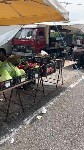 The video shows an outdoor market scene with several stalls and people. In the foreground, there are crates of fresh produce including red bell peppers, lettuce, and carrots, displayed on tables under a yellow awning. A red Toyota truck is parked behind the produce stall. Further into the market, more stalls are visible with people browsing. One stall displays a variety of fruits such as pineapples and other colorful items. Another stall has terracotta pots. People are seen interacting with vendors and examining goods. The ground is asphalt, marked with white lines. The overall environment suggests a busy market day under a partially cloudy sky.