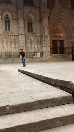 Skateboarder practices tricks near Barcelona Cathedral during evening session