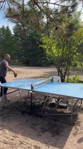 Two men are playing table tennis outdoors. The man on the left is wearing a gray t-shirt and dark pants. He is holding a ping pong paddle and looking towards the table. The man on the right is wearing a striped t-shirt and plaid shorts. He is leaning over the table, about to hit the ball with his paddle. The table is blue with a white net. It is set up on a sandy surface. Trees and foliage are visible in the background, suggesting a park or campsite. The lighting indicates it is daytime.