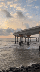 Coastal promenade and bridge at sunset, multiple angles