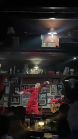 A woman in a red dress with black floral designs is performing flamenco. She is standing on a small stage in a bar or restaurant and dancing with dramatic hand motions. Her hair is long and dark, pulled back into a ponytail. Behind her is a man playing a guitar. The walls of the bar are dark wood, and adorned with framed pictures, decorative objects, and lamps. There are tables and chairs with customers seated in the foreground, some of whom are watching the performance. The lighting is dim and focused on the stage.