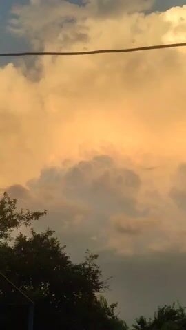 The video shows a time-lapse of a sky with clouds. The clouds are illuminated by a golden light, suggesting either sunrise or sunset. In the foreground, the tops of trees and a wire are visible, silhouetted against the sky. The trees appear to be green and leafy. There are no people or specific objects clearly identifiable in the sky. The overall impression is of a dramatic and colorful sky formation.