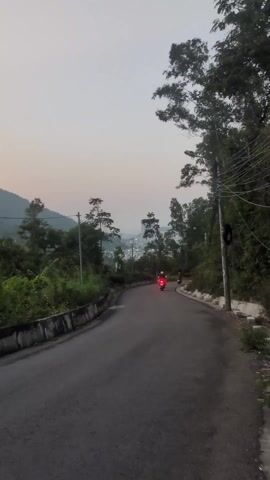 The video shows a paved road curving downhill, with a few motorcycles riding away from the viewer. The road is flanked by green trees and foliage on both sides. In the distance, there's a cityscape with lights, partially obscured by trees and a hazy sky. A concrete barrier runs along the side of the road on the left. There's a utility pole with wires on the right side of the frame. The sky is overcast.