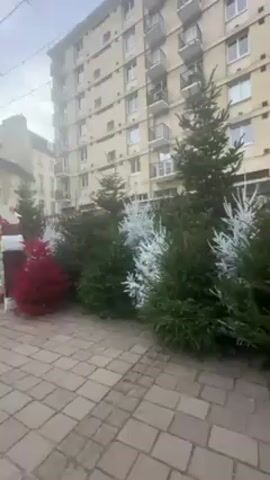 The video shows an outdoor Christmas market. In the foreground are several Christmas trees, both green and white, arranged in a row. Moving past the trees, a small wooden structure, decorated with greenery on its roof, is visible, possibly a temporary café or stall. The camera continues to pan forward, revealing a paved walkway lined with Christmas market stalls. These stalls are predominantly red, decorated with festive ornaments and goods for sale. People can be seen browsing at the stalls. In the background, a tall, pale-colored building with a bell tower stands out against the overcast sky. Strings of lights hang overhead, spanning the width of the walkway, enhancing the festive atmosphere of the market. The buildings in the background are multiple stories high and of an older architectural style. The overall scene suggests a traditional European Christmas market in an urban setting.
