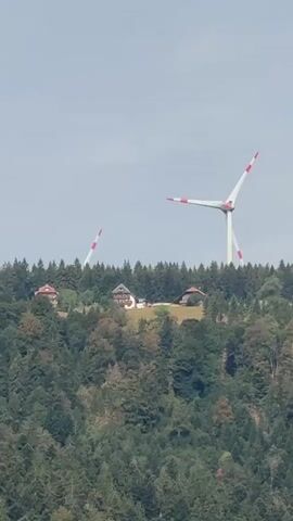 The video shows a panoramic view of a treed hillside with several buildings and wind turbines on the ridge. The sky is overcast and the lighting is diffused. The camera pans slowly from left to right, showing the landscape. On the far left, there is a red and white striped tower. To the right of the tower, there are several buildings with red roofs, nestled among the trees. Further to the right, a large white wind turbine with red tips on its blades is prominently visible. Two smaller wind turbines with similar red tips are also visible in the distance to the left of the main turbine. The trees are a mix of green and brown foliage, suggesting it may be autumn. The overall impression is of a rural, windswept landscape dotted with renewable energy infrastructure.