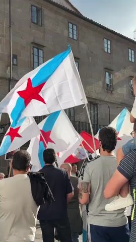 This is a vertical, medium shot video clip. It begins with a close-up view of people watching a protest in front of a stone building, the scene is lit by daylight. The foreground focuses on the backs of several individuals, all men with short hair. They are holding a variety of flags, the most prominent being the Galician flag, which is white with a red star and a blue stripe. The flags are waving, and some of them are partially obscuring the people holding them. The protest appears to be taking place in a public square or street. The background shows a stone building with windows. The overall mood seems to be one of political demonstration or gathering.