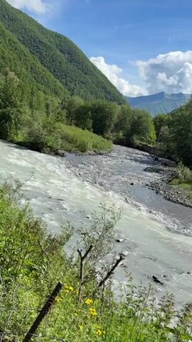 The video captures a scenic view of a confluence where two rivers meet. The river in the foreground, on the left, appears milky white, likely due to glacial melt or sediment. The river on the right is a darker, grayish-blue, suggesting a different source or composition. Both rivers are flowing swiftly, creating whitewater rapids. Lush green trees and dense vegetation line the banks of the rivers. In the background, a steep, tree-covered mountain dominates the left side of the frame, reaching towards a bright blue sky with scattered white clouds. The overall environment is mountainous and natural, bathed in daylight under a clear sky. There are no people or man-made objects visible in the main part of the scene, though a hint of a wire fence can be seen in the lower left foreground.