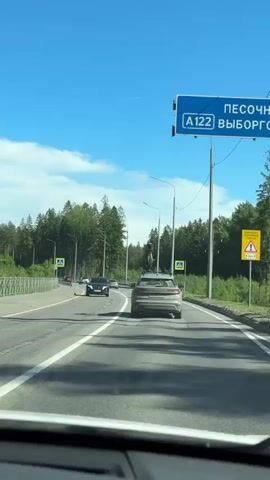 The video captures a forward-facing view from inside a moving vehicle traveling down a multi-lane road on a sunny day. The sky is clear with scattered white clouds. Ahead, a grey SUV with a bicycle mounted on its roof rack is visible in the right lane, while another vehicle is in the left lane. The road appears worn with cracks in the asphalt. Tall, slender streetlights line the right side of the road, and a dense forest of evergreen trees flanks both sides of the road beyond the shoulder. A guardrail is present on the left. Two yellow pedestrian crossing signs are visible, one on each side of the road. The vehicle recording the video is following the grey SUV.