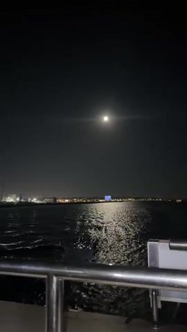 The video shows a nighttime view from a boat traveling across the water. The moon is visible in the dark sky, casting a shimmering reflection on the choppy water. In the distance, the lights of a city skyline glow along the horizon, suggesting an urban or port area. Buildings and structures are visible along the coastline, some illuminated with lights. The presence of what appears to be industrial cranes on the left side of the frame further indicates a harbor or port location. The foreground features a metal railing, consistent with the deck of a boat or ferry. The overall atmosphere is serene and tranquil, with the gentle movement of the boat and the natural light of the moon creating a peaceful nighttime scene. The location is identified as Istanbul, Turkey, which would place the scene along the Bosphorus Strait or the Golden Horn, offering views of the city's vibrant waterfront at night. There is no visible text in the video.