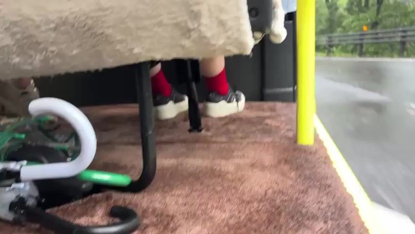 The video shows the feet of a person wearing red socks and black platform sneakers. The person is seated on a vehicle, possibly a bus or a van, with a fuzzy, cream-colored seat in the foreground. The interior of the vehicle has a brown carpeted floor. Outside the vehicle, through a window or open side, a wet road can be seen curving through a lush green forest. The road has white markings, and there are trees and a metal guardrail lining the roadside. It appears to be raining or has recently rained, as the road is slick and reflects the surroundings. The perspective is from inside the vehicle, looking out towards the right side. The overall impression is of a scenic drive through a natural environment on a damp day.