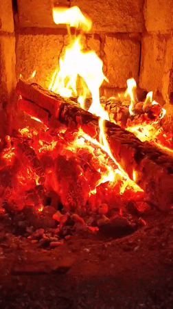 Fireplace burns with bright flames in Hrodna, Belarus