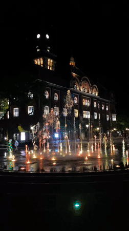 Illuminated fountain display lights up historic Subotica building at night