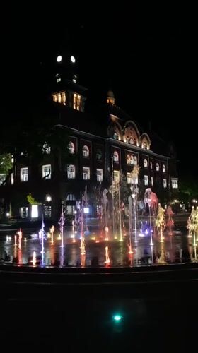 Illuminated fountain display lights up historic Subotica building at night