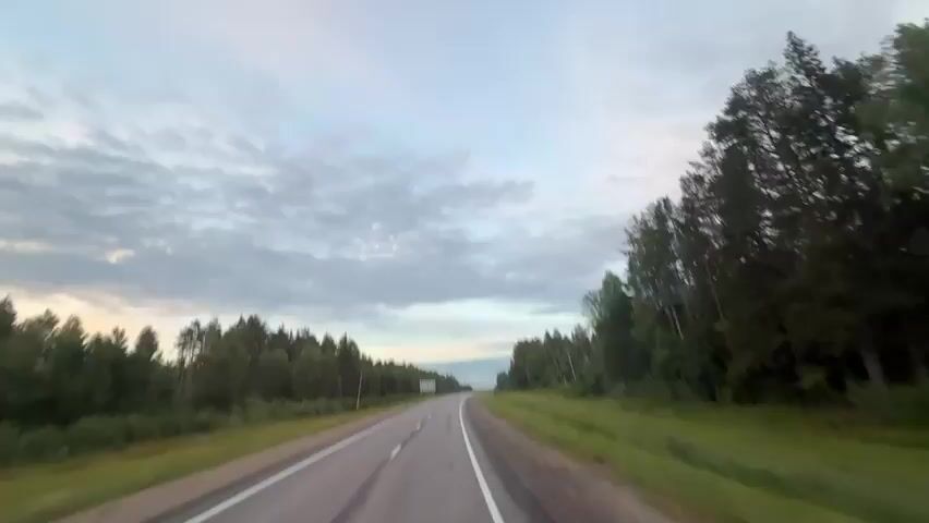 This is a first-person perspective video of a car driving down a two-lane road through a forest. The sky is overcast with light clouds. The road has white lines marking the lanes and appears to be paved. The trees on either side of the road are dense and green. There are some signs visible in the distance. The lighting suggests it is either early morning or late evening. The camera appears to be mounted on the dashboard of the car, showing a wide-angle view of the road ahead.