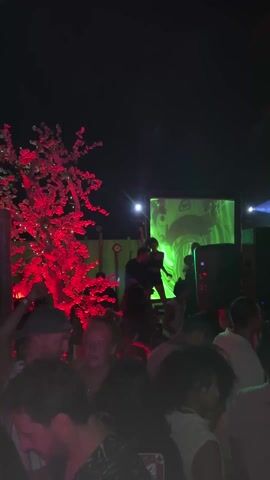 The video shows a crowded outdoor party at night. People are gathered in front of a stage with a large screen displaying abstract visuals. There are performers on stage. Green and red laser lights crisscross above the crowd, which is partially obscured by smoke or fog. A decorative tree illuminated with red lights stands to the side. The atmosphere appears energetic, with people dancing and enjoying the music. Palm trees are visible above the crowd.