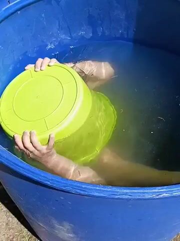 A person's arms are visible submerged in blue water inside a large blue barrel. The person is holding a bright green lid underwater with both hands. The lid appears to be round with a slightly raised rim and a textured surface. The water is rippling around the lid and the person's arms. The environment around the barrel appears to be outdoors, with dry grass or dirt visible in the lower left corner of the frame. The lighting suggests it is a sunny day.