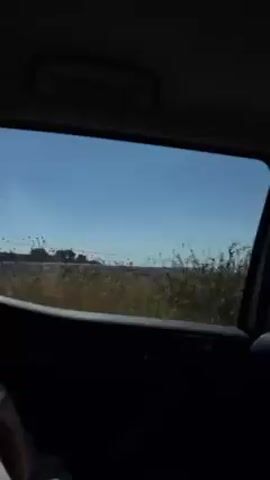 The video shows a view from inside a car, looking out of the window at a passing landscape. The sky is clear and blue, and the scenery includes trees, bushes, signs, power lines, and houses in the distance. The car appears to be moving.