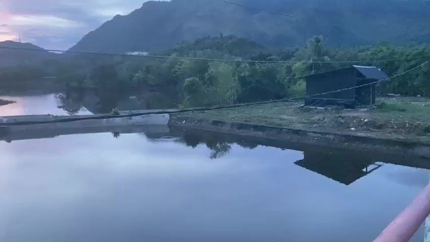 The video displays a body of water, likely a pond or reservoir, reflecting the sky and surrounding landscape. In the foreground, the water is calm and smooth, with reflections of the structure along its edge. The structure appears to be a concrete embankment with a series of small, dark openings or structures along its top, suggesting it might be part of an aquaculture or water management system. To the right of the water, there is a small, dark, rectangular building with a sloped roof, possibly a shed or pump house. The background reveals a lush, green landscape with trees and hills. In the distance, a large mountain looms, partially obscured by haze or clouds. The sky above is a mix of soft grays, blues, and hints of pink and orange, indicating either dawn or dusk. There are power lines visible spanning across the scene, supported by unseen poles. No people are visible in the video. The overall atmosphere is serene and tranquil, capturing a natural landscape at either the beginning or end of the day.