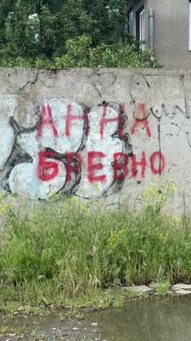 The camera pans rightward across a concrete wall.  On the wall are some graffiti markings.  One says "АНТОН БРЕВНО" in red paint.  There is a fire hydrant pipe attached to the wall.  There is a sign painted on the wall saying "ПОЖАРНЫЙ ВОДОЕМ" and a rightward-pointing arrow.  The base of the wall is covered in tall grass and weeds, and in front of the wall is a small body of water. Above the wall is a gray building with a window.