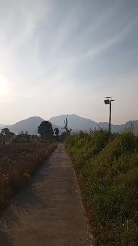 This is a vertical, outdoor video of a paved path leading through a rural landscape. The sun is high in the bright, cloudy sky, casting a warm glow over the scene. On the left side of the path, there is a tilled field with dry vegetation. On the right side, there is a grassy embankment. In the distance, rolling hills and trees are visible. A single, modern-looking lamppost stands on the right side of the path near the foreground. The video is a slow pan to the right, revealing more of the landscape and the sky.