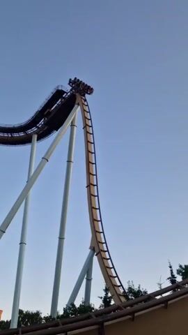 A roller coaster train with several passengers crests a steep hill and begins its descent. The track is light brown, supported by white pillars. The sky is clear and blue. Green trees and foliage surround the base of the roller coaster. In the foreground, a paved walkway is visible with a black metal fence.