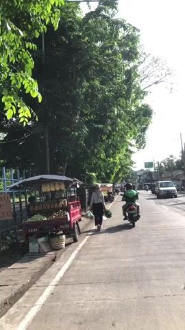 The video begins with a view of a roadside stall selling fruit and vegetables. A woman wearing a hijab and striped shirt walks along the sidewalk, carrying two bags of produce. She is walking away from the camera and towards a motorcycle that is stopped on the side of the road. Behind her, a person on the motorcycle is wearing a green shirt and helmet. Further down the road, other vehicles are visible, including a white car. The scene is set on a sunny day with lush green trees lining the road, casting shadows on the pavement. The camera appears to be mounted on the back of a motorcycle, as evidenced by the circular reflection in the lower right corner of the screen.