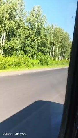 The video shows a view from inside a vehicle traveling along a paved road. On the left side of the road is a dense line of trees, primarily birches, with lush green foliage. The sky is clear and blue. As the vehicle continues, a small, brick structure with a red roof comes into view on the right side of the road, situated just off the pavement, near the edge of the tree line. A signpost is also visible near the structure. The shadow of the vehicle is cast on the road surface. The timestamp indicates the recording is from the Infinix HOT 50.