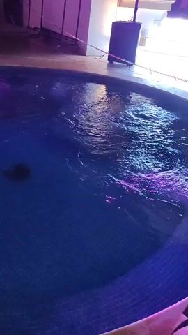 The video shows a person's legs and feet at the bottom right of the frame, indicating they are sitting near or in a hot tub. The hot tub is filled with blue water that appears to be bubbling and churning, suggesting the jets are on. Purple lights are illuminating the water from below, creating a vibrant effect. In the background, there is a large speaker on a stand and a wall with white paneling and purple lighting. The scene suggests a relaxed or party atmosphere.