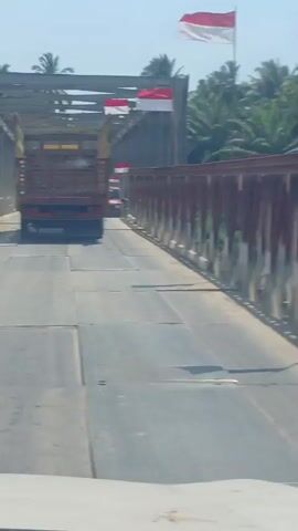 A first-person perspective video shows a truck driving across a metal bridge. The bridge has red railings and is decorated with Indonesian flags. There are trees visible on either side of the bridge. Another truck can be seen further ahead on the bridge. The video is shot during the day, with a clear blue sky.