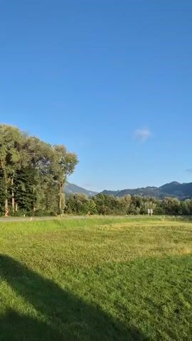 The video captures a serene morning landscape under a clear blue sky. In the foreground, a vast, sun-drenched field of green grass is visible, with a shadow cast from the left side of the frame. A paved road runs horizontally across the mid-ground, bordered by trees and vegetation. Beyond the road, a line of trees forms a verdant backdrop, and in the distance, rolling hills and mountains are silhouetted against the sky. The overall impression is one of tranquility and natural beauty.