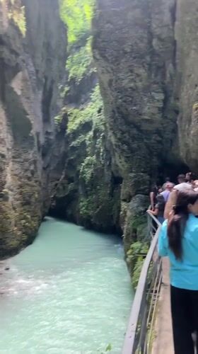 Turquoise river gorge walk, Swiss canyon, summer