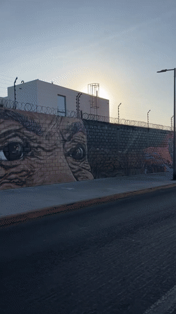 Street mural with eye, nature themes documented in Arica