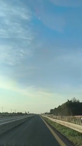 The video shows a first-person view from a vehicle traveling on a highway. The road is asphalt and appears to have multiple lanes in each direction, separated by concrete barriers. To the left of the road, there are more lanes and overhead signs. To the right, there is a grassy shoulder with a metal guardrail, followed by a dense line of trees. The sky is blue with scattered white clouds, and the lighting suggests it is daytime, possibly late afternoon due to the warm tones. The vehicle appears to be moving at a moderate speed, indicated by the steady progress along the road. There are no other vehicles clearly visible in the immediate vicinity, and no people are apparent. The overall scene is one of a journey on a highway through a natural landscape.