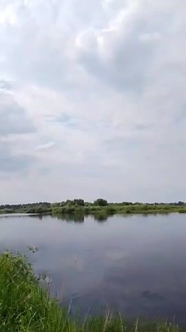 The video is a landscape shot of a calm river under a cloudy sky. The camera pans slowly from right to left, showing the lush green grass and reeds on the riverbank in the foreground, and the dense green trees and vegetation lining the opposite bank in the distance. The sky is a mix of bright white clouds and darker grey clouds, with the sun intermittently peeking through. The water is dark and reflects the sky and surrounding greenery. The overall mood is serene and tranquil.