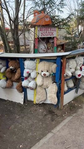 The camera pans horizontally along a colorful structure, adorned with a myriad of stuffed teddy bears and other plush toys. The structure, painted in blue, yellow, and red, appears to be a makeshift display or enclosure. The toys are arranged in a row, with their arms and legs dangling, creating a somewhat eerie and peculiar sight. Above the structure, a sign reads "Медвежий уголок" in Russian, which translates to "Teddy Bear Corner." The scene is set outdoors, with trees and foliage visible in the background, suggesting a park or yard setting. The ground is covered with dirt and scattered debris. The overall atmosphere is slightly unsettling due to the sheer number of toys and their arrangement.