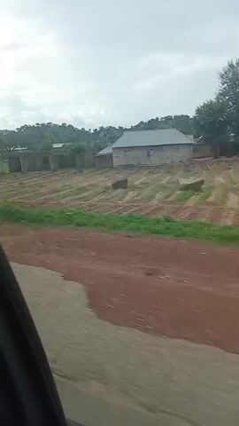 The video shows a landscape from a moving vehicle, likely a car, as indicated by the partial view of a black car door and window on the left. The scene consists of rural structures, agricultural fields, and vegetation under an overcast sky. Buildings are visible, some appearing to be under construction with exposed brickwork and unfinished roofs, while others are complete with pitched roofs. Some buildings are simple, brick or mud structures.

The fields are a mix of tilled earth and green crops, suggesting agricultural activity. Patches of green grass and scattered trees, including palm trees, dot the landscape. A dirt road runs alongside the fields, and a paved road, likely the one the vehicle is traveling on, is visible in the foreground.

In the background, a low range of hills or mountains can be seen. At one point, a small, colorful auto-rickshaw (likely a tuk-tuk) is visible parked on the side of the road. Further along, a large structure covered with a white tarp, possibly temporary housing or a large tent, is seen behind a fence. There are also signs of power lines and utility poles.

The overall impression is of a rural or semi-rural setting, possibly in a developing country, with ongoing construction and agricultural work. The lighting suggests it is daytime, but the overcast sky creates a diffused, soft light.