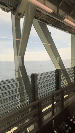 Train crosses bridge near Izumisano with ocean views captured