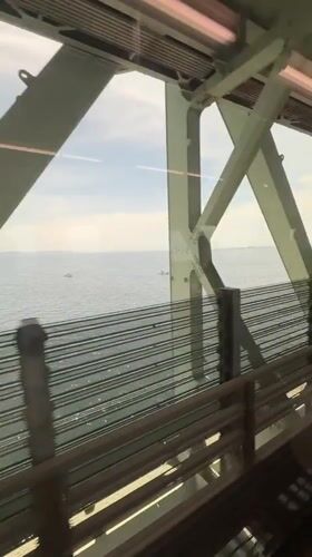 Train crosses bridge near Izumisano with ocean views captured