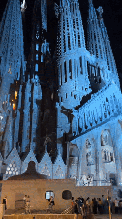 Night filming captures illuminated Sagrada Familia in Barcelona