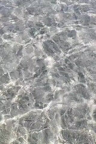 The video begins with a close-up view of clear water with sunlight reflecting off its surface. The camera then pans to show a shoreline with people and buildings. The shoreline appears to be a beach or promenade, with a paved area behind it. Several buildings are visible, including what looks like a cafe or restaurant with outdoor seating. Cars are parked along the road behind the buildings. Trees, including palm trees, are also present. The sky is clear and blue. The water is shallow and clear enough to see the bottom, which appears to be made up of small stones or pebbles. A few people are visible on the shoreline and near the buildings. The video captures a sunny day at a coastal location.