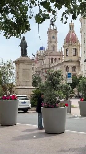 Valencia street scene features decorative planters with flowering displays