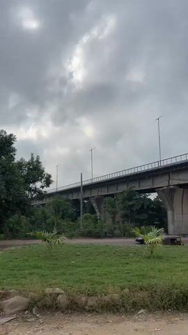 The video shows a view of a large concrete bridge from below and to the side. The bridge has multiple supports and a roadway on top with streetlights. There is a cloudy sky above. In the foreground, there is a grassy area with some small palm-like plants and a dirt path. To the left, there are trees and bushes. A black car drives on the road under the bridge. Further in the distance under the bridge, a yellow vehicle, possibly a tuk-tuk, is visible. A billboard with images is also visible under the bridge. The camera appears to be in motion, moving from left to right, showing different sections of the bridge and the surrounding environment. A portion of a dark car's side mirror and door is visible in the bottom right corner of the frame from the third to the fourth second, indicating the video may be filmed from inside a moving vehicle.