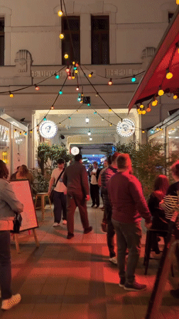 Evening social activity documented across Budapest entertainment district