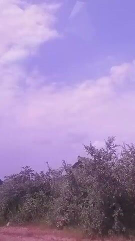 The video shows a time-lapse of the sky with clouds moving. The color of the sky appears to be a light purple or lavender hue, possibly due to lighting conditions or editing. In the foreground, there is a blurred landscape with some foliage and trees. The camera is mostly stationary, capturing the slow drift of clouds across the frame.