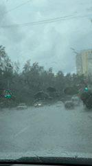 Driver navigates heavy rain on forest road near Perm