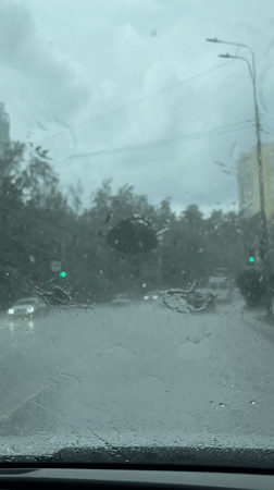Driver navigates heavy rain on forest road near Perm