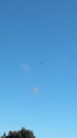 The video shows a bright blue sky with a small airplane in the distance, slightly to the left of the center. There are a few wispy clouds, one larger than the other, below and to the left of the airplane. In the bottom left corner, the top of a dark green tree is visible. In the bottom right corner, a portion of a black streetlamp is visible, arcing upwards from the bottom of the frame. The airplane appears to be flying straight and level.