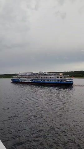 The video shows a large, multi-decked passenger ship moving across a wide river under a cloudy sky. The ship is primarily white with blue accents along its waterline and lower decks. It appears to have multiple rows of windows and open decks, indicating passenger accommodations. The river is a dark, rippled surface, and the far bank of the river is lined with green trees, suggesting a natural or semi-natural setting. The camera seems to be positioned on another vessel, as a white edge is visible in the bottom left corner of the frame.